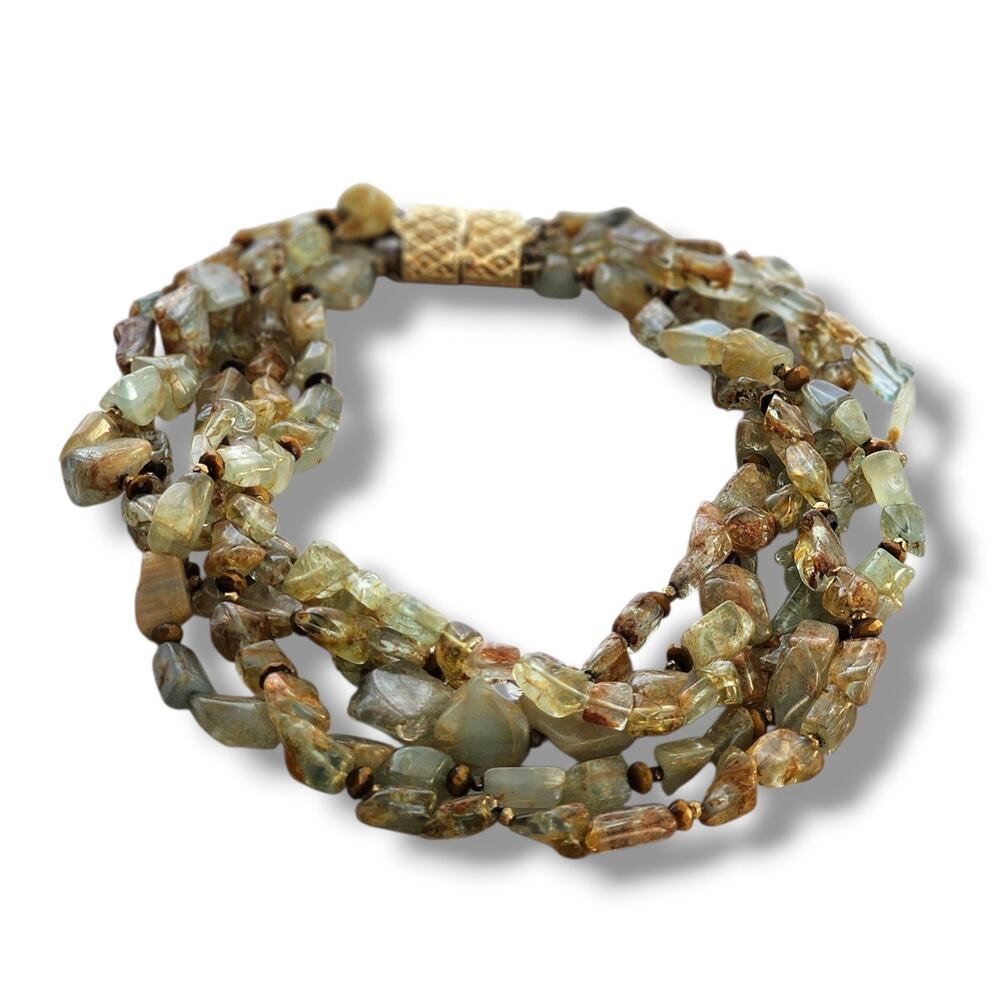 CINER Semiprecious 5 Strand Natural Aquamarine Stone, Tiger Eye Statement Choker